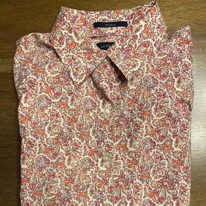 Lands' End Women's Button Down Shirt - Red and Orange Floral